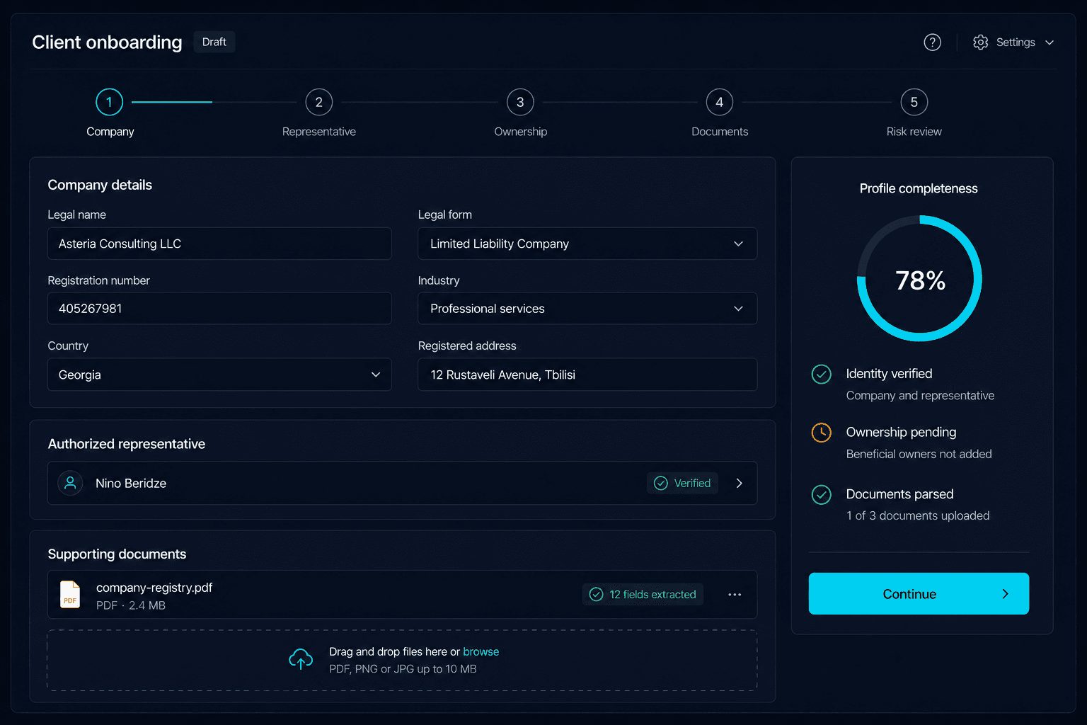 Janux client onboarding screen showing profile fields and document upload